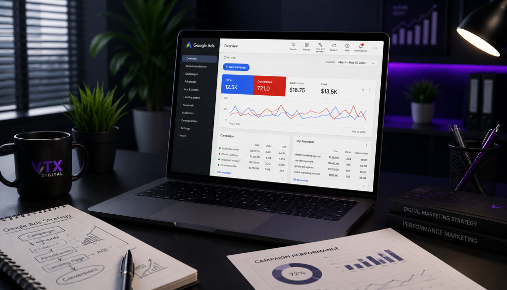 Google Ads management services dashboard showing PPC campaigns, keyword performance, conversion tracking, campaign analytics, and paid advertising optimization.