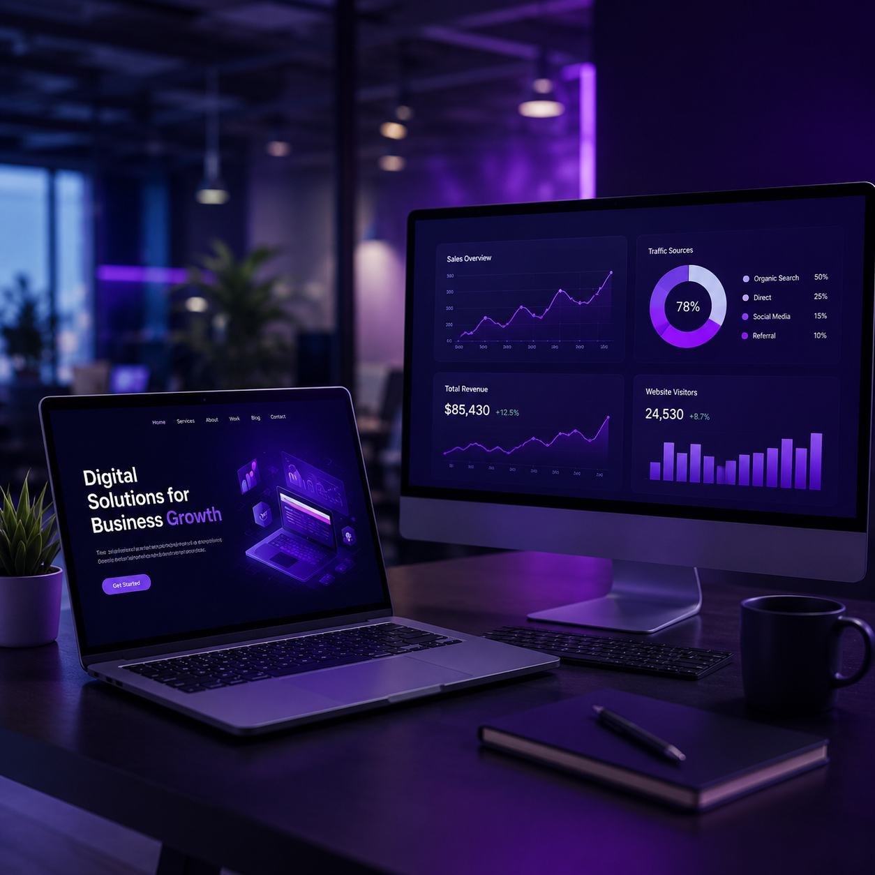 Professional website development services workspace showing responsive website design, website analytics dashboard, performance metrics, and business growth solutions.