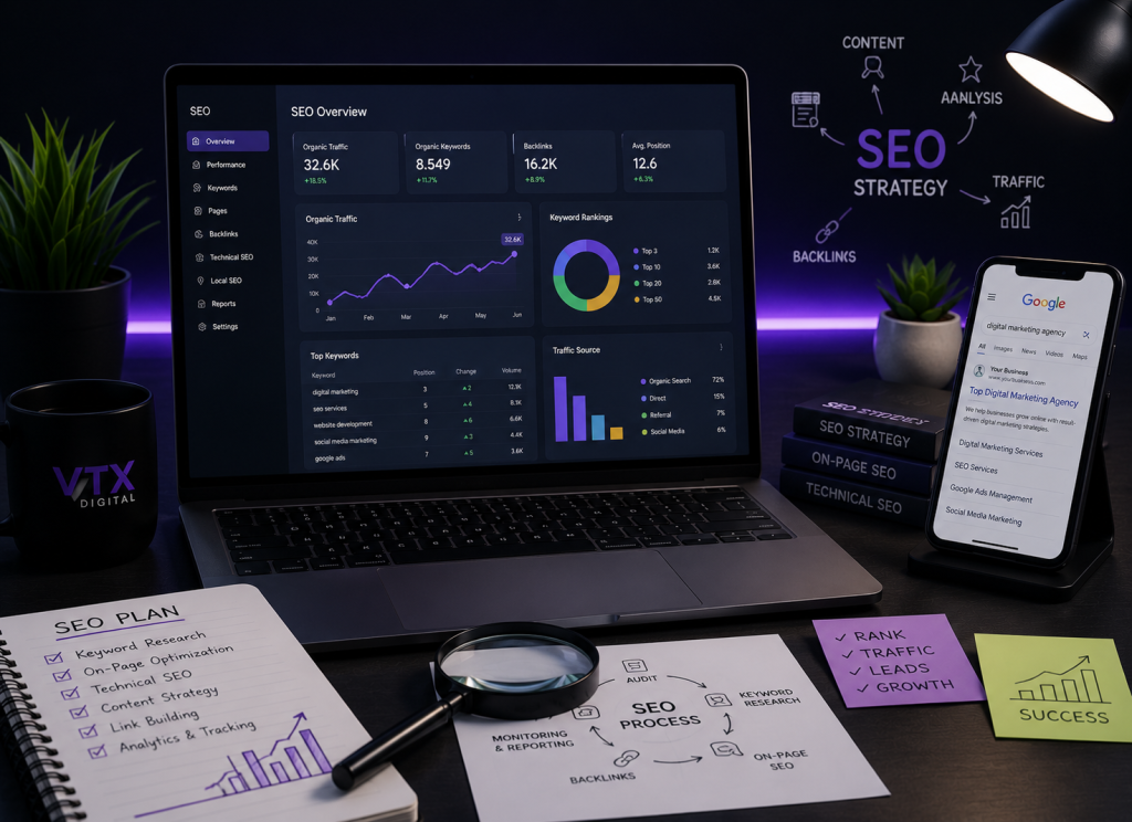 Search engine optimization services dashboard showing keyword rankings, organic traffic, backlink analysis, technical SEO, and website performance analytics.