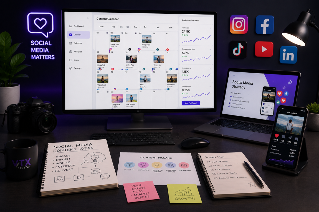 Social media management services dashboard showing content calendar, content planning, social media analytics, engagement tracking, and multi-platform social media management.