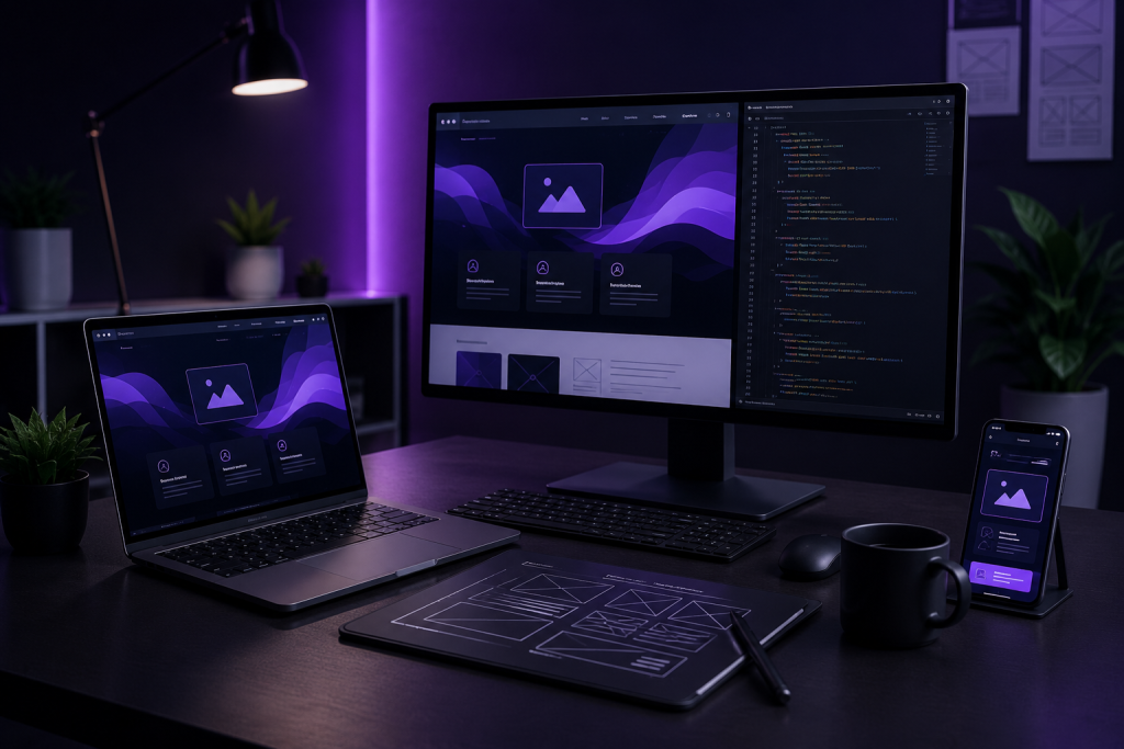 Custom website development services showing responsive web design, website coding, UI UX design, and modern website development across desktop, tablet, and mobile devices.